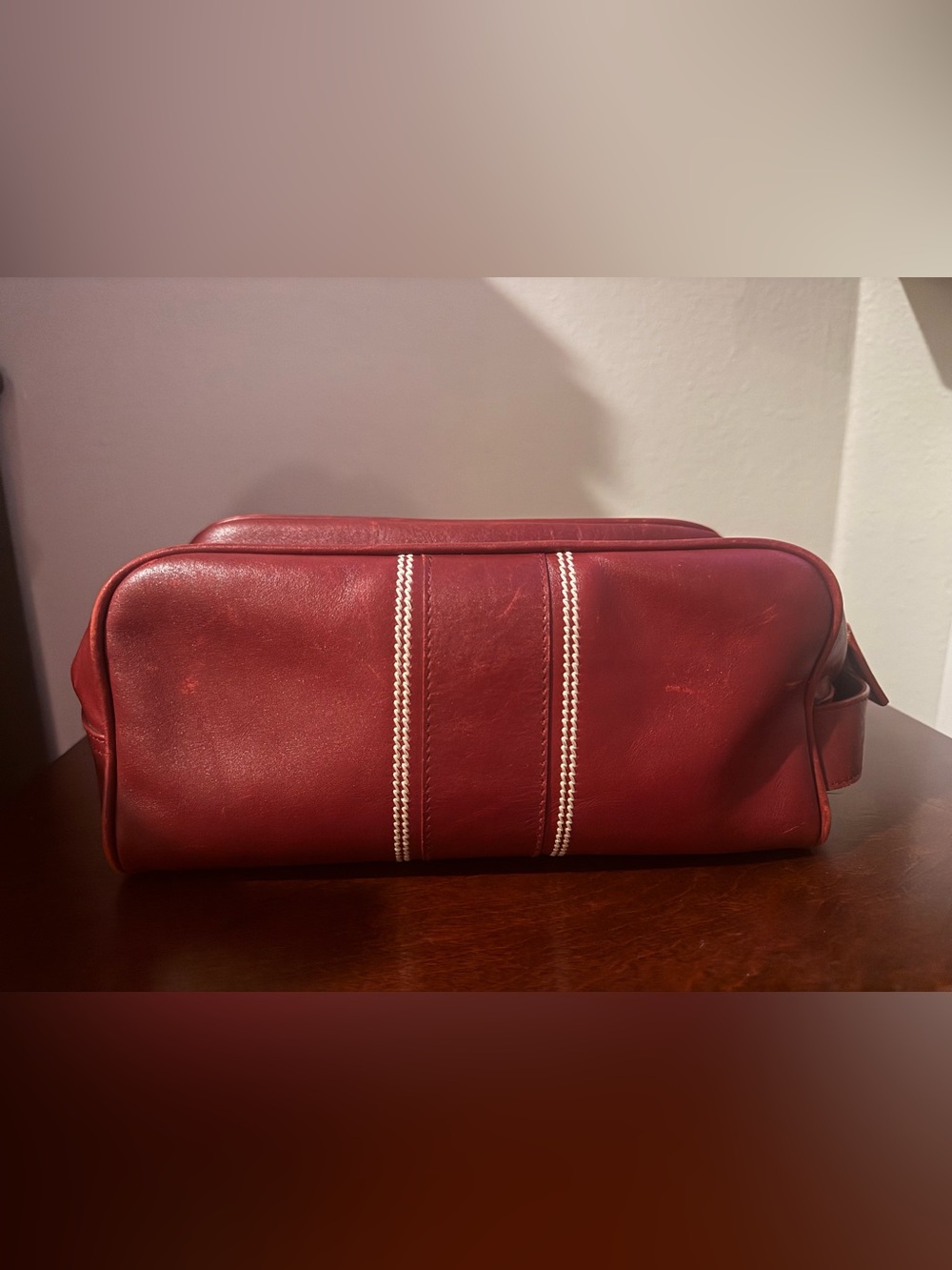 Dunhill Red Leather Toiletry Bag with White Contrast Stitching